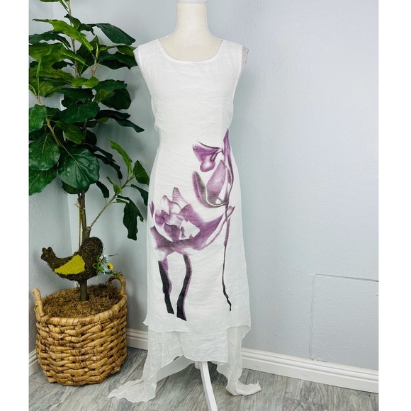 NWT SHEER BEACH SUMMER ASYMMETRICAL FLORAL ORCHID PURPLE WHITE DRESS - Picture 1 of 6